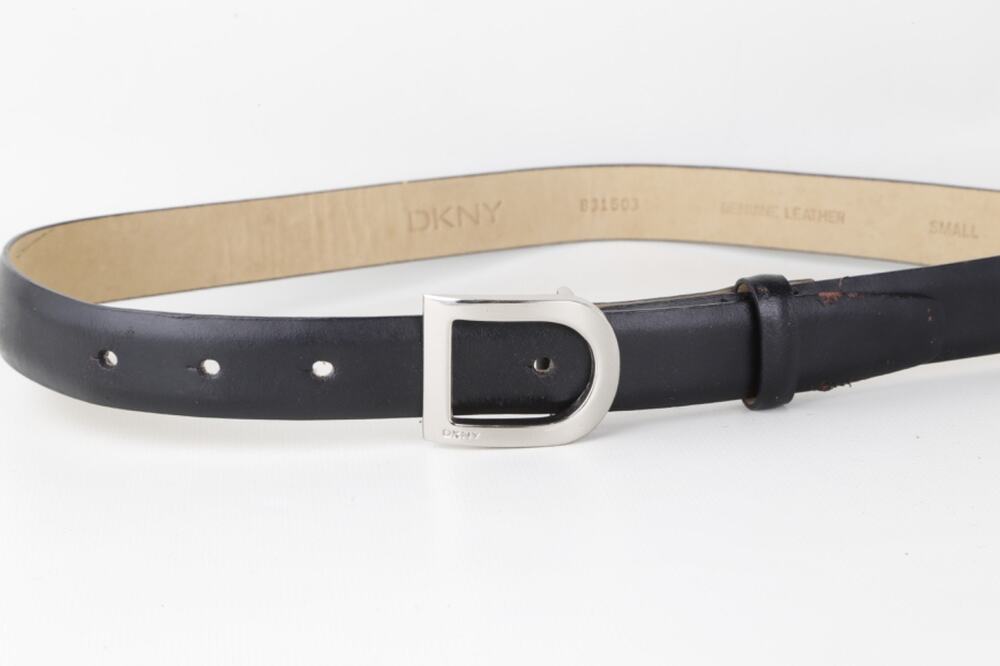 Vintage DKNY Black Genuine Leather Belt Brushed Silver D-Ring Horseshoe Buckle S